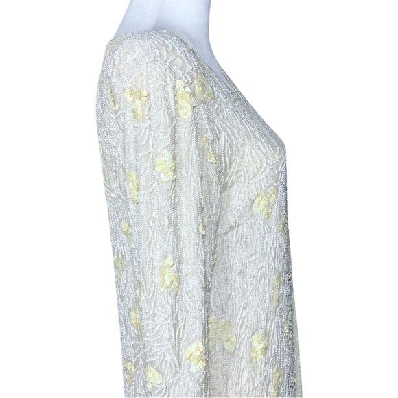 Vintage 100% Silk Ivory 70s 80s Fully Beaded Sequin Long Sleeve Dress - Picture 11 of 15